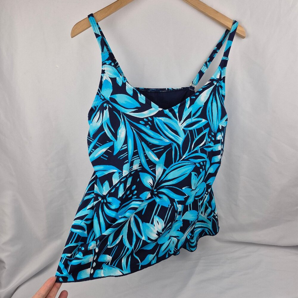 Lands' End Tulip Hem Floral Tankini Black, Blue, White  Size L 14-16